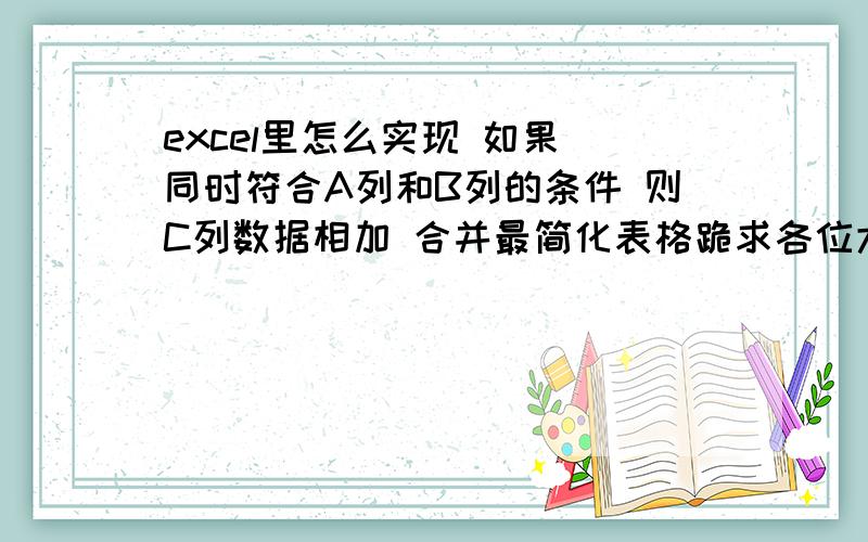 excel里怎么实现 如果 同时符合A列和B列的条件 则C列数据相加 合并最简化表格跪求各位大侠了  没分 但是不胜感激