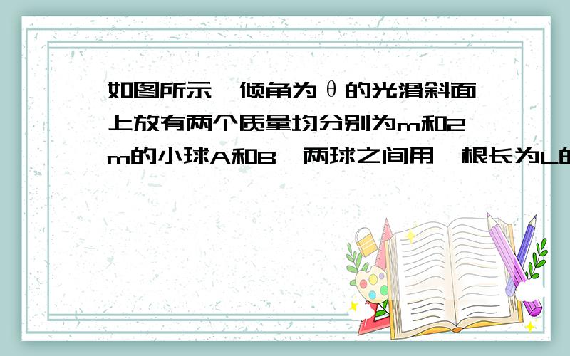 如图所示,倾角为θ的光滑斜面上放有两个质量均分别为m和2m的小球A和B,两球之间用一根长为L的轻杆相连,下面的小球B离斜面底端的高度为h.两球从静止开始下滑,不计球与地面碰撞时的机械能