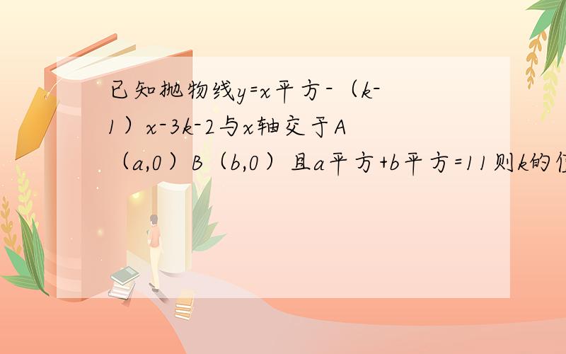 已知抛物线y=x平方-（k-1）x-3k-2与x轴交于A（a,0）B（b,0）且a平方+b平方=11则k的值为?请把过程写下..