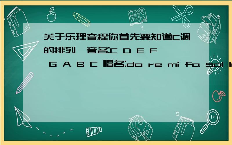 关于乐理音程你首先要知道C调的排列,音名:C D E F G A B C 唱名:do re mi fa sol la SI DO 简谱:1 2 3 4 5 6 7 1 \/ \/ \/ \/ \/ \/ \/ 全音 全音 半音 全音 全音 全音 半音 全音记做2,半音记做1 这个音阶可以记做