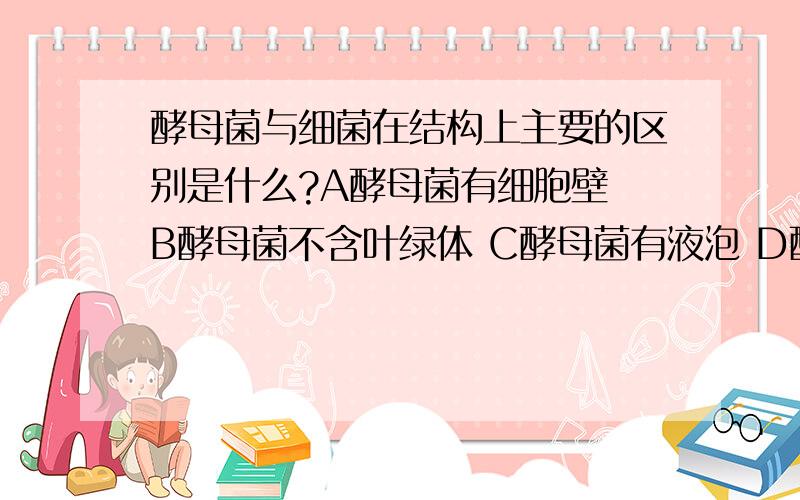 酵母菌与细菌在结构上主要的区别是什么?A酵母菌有细胞壁 B酵母菌不含叶绿体 C酵母菌有液泡 D酵母菌有成型的细胞核