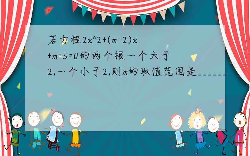 若方程2x^2+(m-2)x+m-5=0的两个根一个大于2,一个小于2,则m的取值范围是______