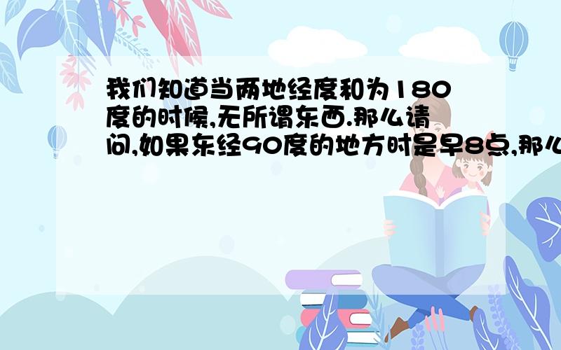 我们知道当两地经度和为180度的时候,无所谓东西.那么请问,如果东经90度的地方时是早8点,那么西经90度的地方时是多少呢,按照东加西减的规律没法算啊.这里的东西是空间上的东西吗