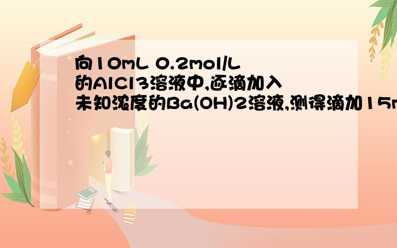 向10mL 0.2mol/L的AlCl3溶液中,逐滴加入未知浓度的Ba(OH)2溶液,测得滴加15mL和45mL时,所得沉淀同样多,求Ba(OH)2溶液的物质的量浓度?