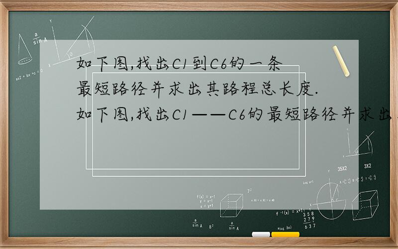 如下图,找出C1到C6的一条最短路径并求出其路程总长度.如下图,找出C1——C6的最短路径并求出其路程总长补充格式如下：A-B 两点间距离c1-c2 4c1-c3 8c2-c3 3c2-c4 4c2-c5 6c3-c4 2c3-c5 2c4-c5 4c4-c6 9c5-c6 4