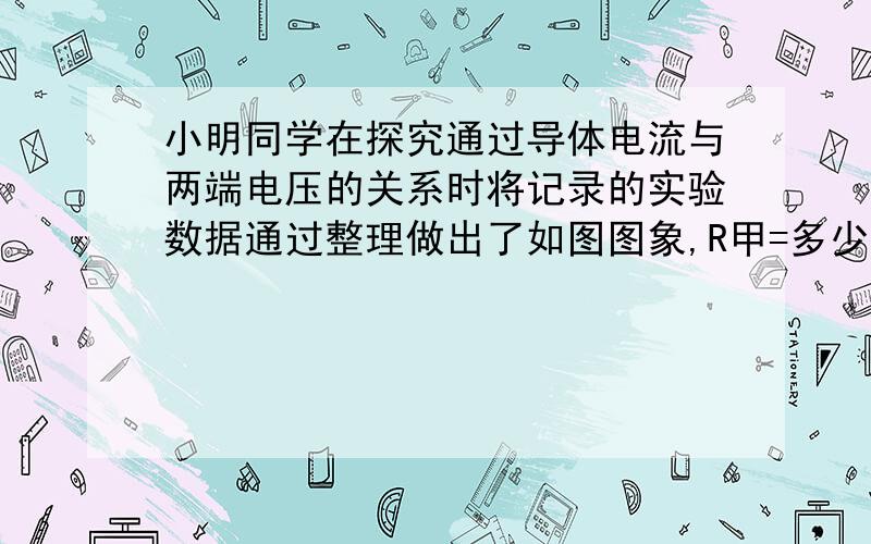 小明同学在探究通过导体电流与两端电压的关系时将记录的实验数据通过整理做出了如图图象,R甲=多少欧姆,R乙=多少欧姆,若将甲乙两导体并联接在3v电源上,干路电流是多少安