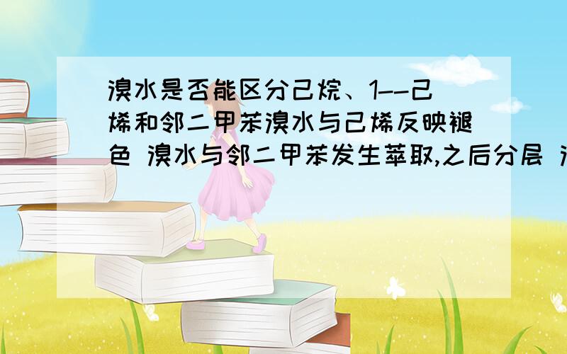 溴水是否能区分己烷、1--己烯和邻二甲苯溴水与己烯反映褪色 溴水与邻二甲苯发生萃取,之后分层 溴水与己烷分层但不萃取 以上解答是否正确?