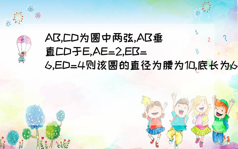 AB,CD为圆中两弦,AB垂直CD于E,AE=2,EB=6,ED=4则该圆的直径为腰为10,底长为6的等腰三角形的内切圆在两腰上的切点间的距离为