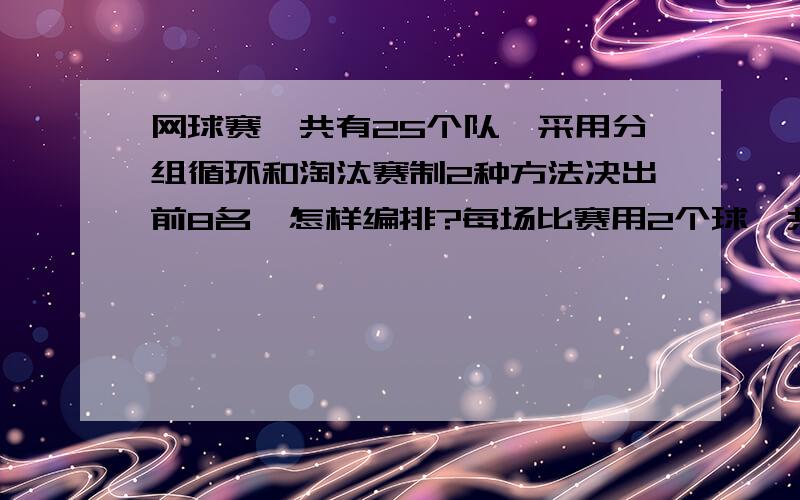 网球赛,共有25个队,采用分组循环和淘汰赛制2种方法决出前8名,怎样编排?每场比赛用2个球,共要几个球?