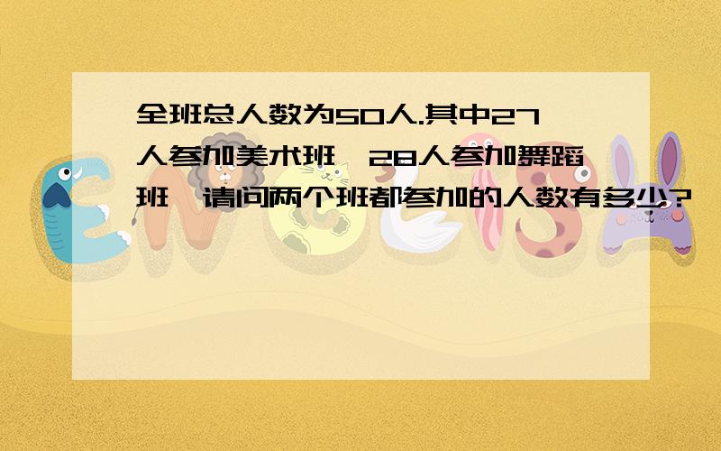 全班总人数为50人.其中27人参加美术班,28人参加舞蹈班,请问两个班都参加的人数有多少?