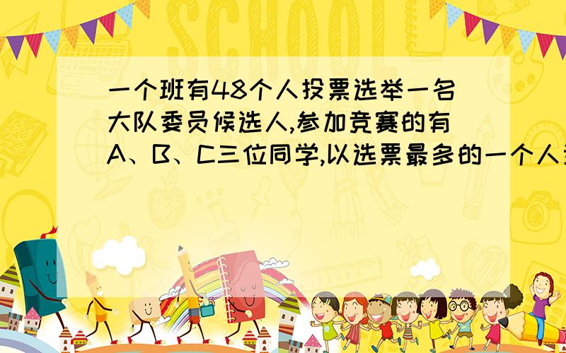 一个班有48个人投票选举一名大队委员候选人,参加竞赛的有A、B、C三位同学,以选票最多的一个人当选.投票中间统计时,A的15票,B得12票,C得7票.那么B至少需要再得到多少票,才能保证当选.