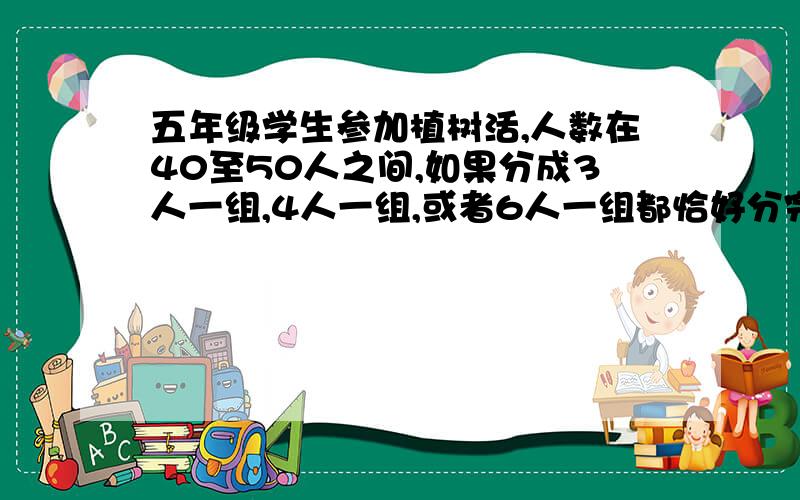 五年级学生参加植树活,人数在40至50人之间,如果分成3人一组,4人一组,或者6人一组都恰好分完,五年级参加植树活动的有多少人?