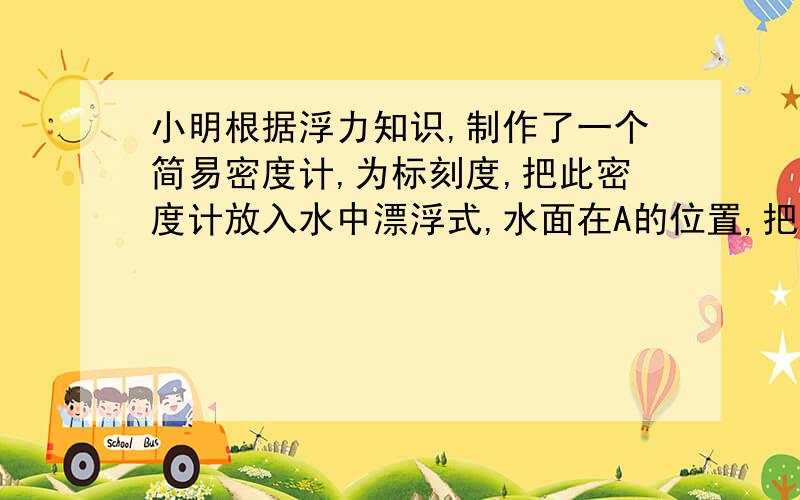 小明根据浮力知识,制作了一个简易密度计,为标刻度,把此密度计放入水中漂浮式,水面在A的位置,把此密度计放入已知密度为1.2*10 3 kg\m3 的液体中漂浮时,液面在B的位置,小明分别把这两点定位