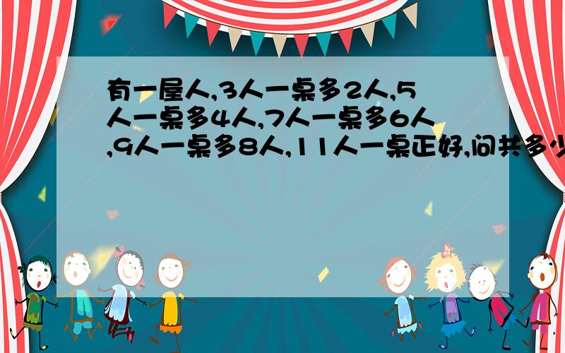 有一屋人,3人一桌多2人,5人一桌多4人,7人一桌多6人,9人一桌多8人,11人一桌正好,问共多少人