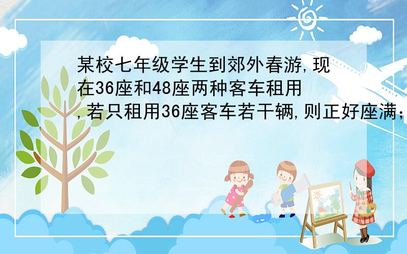 某校七年级学生到郊外春游,现在36座和48座两种客车租用,若只租用36座客车若干辆,则正好座满；若只租用448座客车,则能少租一辆,并且其中有一辆没有座满,有24个空位；已知36座客车每辆租金