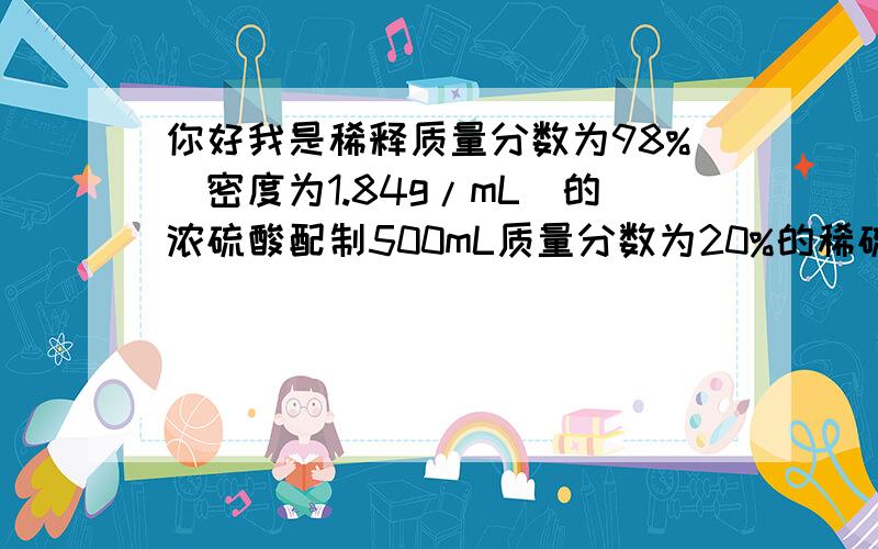 你好我是稀释质量分数为98%（密度为1.84g/mL）的浓硫酸配制500mL质量分数为20%的稀硫酸（密度为1.14g/mL）稀释时需用的水的体积约为（　　）我是刚才问你答案的那个你说的错了