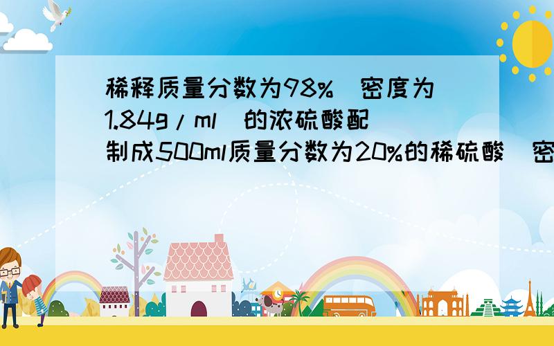 稀释质量分数为98%（密度为1.84g/ml）的浓硫酸配制成500ml质量分数为20%的稀硫酸（密度为1.14g/ml）稀释时需要水的体积为? 下面的做法哪里错了?解：设稀释前溶液的体积为xx*1.84g/ml=500ml*1.14g/ml*2