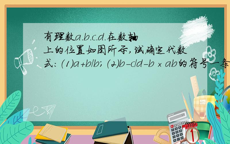 有理数a.b.c.d.在数轴上的位置如图所示,试确定代数式：（1）a+b/b;（2）b-c/d-b×ab的符号一条轴,有5个点,距离相等,第一个点表示d第二个表示c第3个表示b第4个表示0第5个表示a.