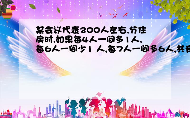 某会议代表200人左右,分住房时,如果每4人一间多1人,每6人一间少1 人,每7人一间多6人,共有代表（）人