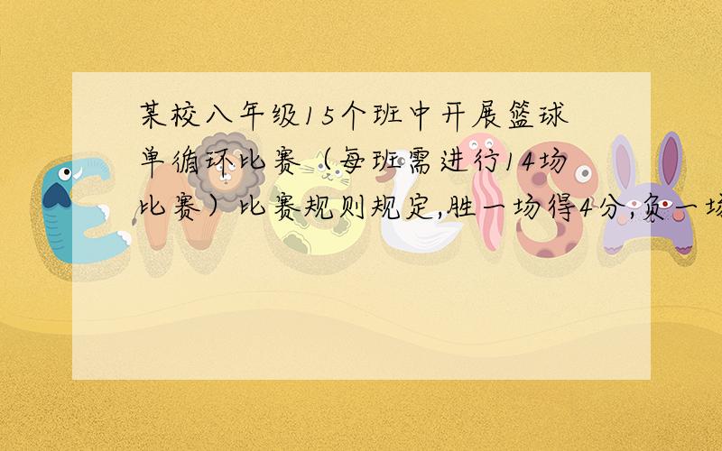 某校八年级15个班中开展篮球单循环比赛（每班需进行14场比赛）比赛规则规定,胜一场得4分,负一场得-2分（1）如果某班在所有比赛中只得20分,那么该班胜负场数分别是多少?（2）假设比赛结