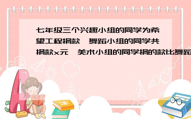 七年级三个兴趣小组的同学为希望工程捐款,舞蹈小组的同学共捐款x元,美术小组的同学捐的款比舞蹈小苏的三倍还多2元,篮球小组的同学捐的款比美术小组捐款的一半少6元,这三个小组的同学