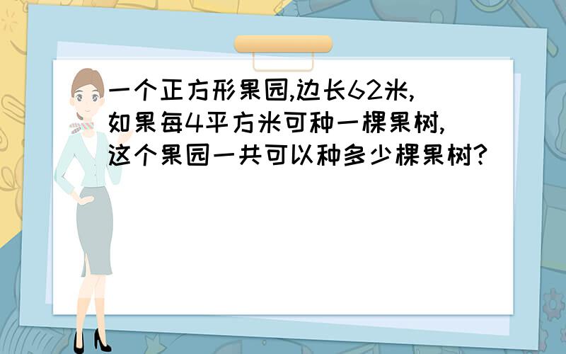 一个正方形果园,边长62米,如果每4平方米可种一棵果树,这个果园一共可以种多少棵果树?