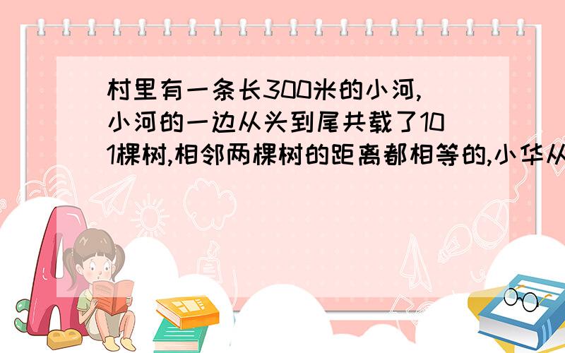 村里有一条长300米的小河,小河的一边从头到尾共载了101棵树,相邻两棵树的距离都相等的,小华从第一棵树走到第41棵树,她一共走多少米?