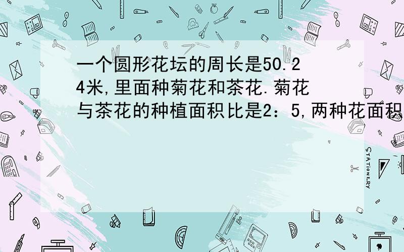 一个圆形花坛的周长是50.24米,里面种菊花和茶花.菊花与茶花的种植面积比是2：5,两种花面积分别是多少