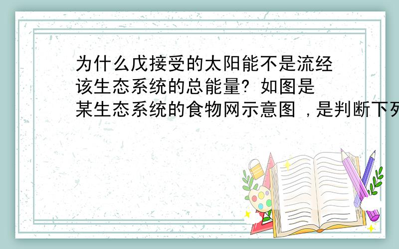 为什么戊接受的太阳能不是流经该生态系统的总能量? 如图是某生态系统的食物网示意图 ,是判断下列叙述不正确的是（） A此食物网中有五条食物链 B丁在此食物网中占有两个不同的营养级