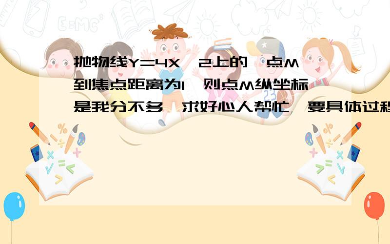 抛物线Y=4X^2上的一点M到焦点距离为1,则点M纵坐标是我分不多,求好心人帮忙,要具体过程