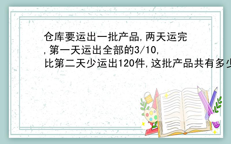 仓库要运出一批产品,两天运完,第一天运出全部的3/10,比第二天少运出120件,这批产品共有多少件?