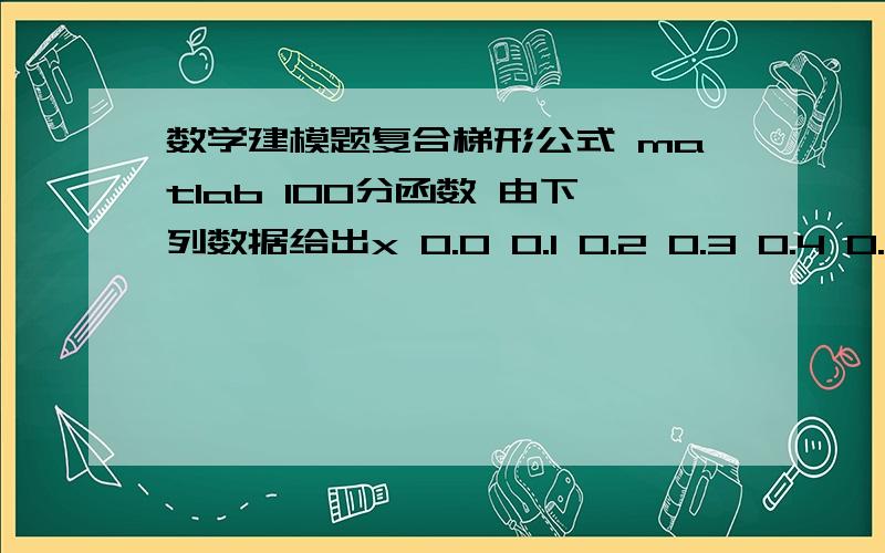 数学建模题复合梯形公式 matlab 100分函数 由下列数据给出x 0.0 0.1 0.2 0.3 0.4 0.5 0.6 0.7 0.8f(x) 0 2.1220 3.0244 3.2568 3.1399 2.8579 2.5140 2.1639 1.8358用复合梯形公式计算积分 ,取h=0.4,0.2,0.1.用matlab编程.x=[0.0 0