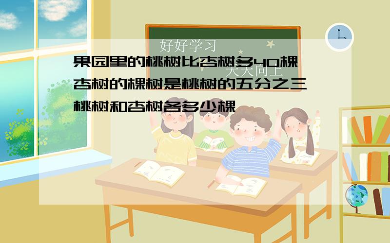 果园里的桃树比杏树多40棵,杏树的棵树是桃树的五分之三,桃树和杏树各多少棵