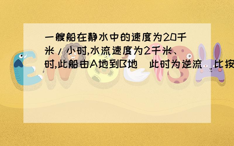 一艘船在静水中的速度为20千米/小时,水流速度为2千米、时,此船由A地到B地（此时为逆流）比按原路返回多用1.5小时,求A,B两地间的距离