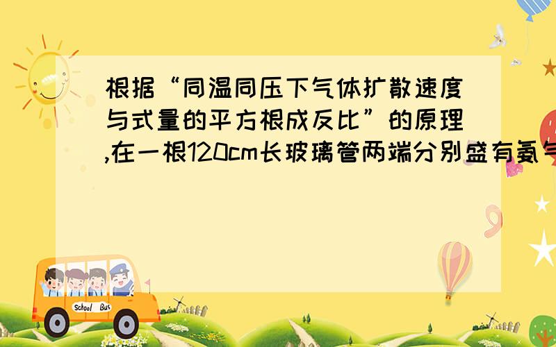 根据“同温同压下气体扩散速度与式量的平方根成反比”的原理,在一根120cm长玻璃管两端分别盛有氨气和氯化氢气体,当两种气体同时扩散,在约什么位置相遇生成白烟（已知生成NH4Cl为白烟）