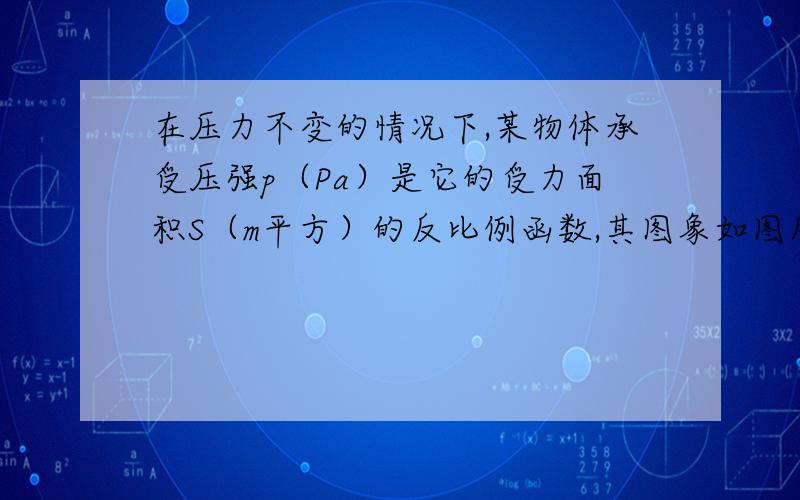 在压力不变的情况下,某物体承受压强p（Pa）是它的受力面积S（m平方）的反比例函数,其图象如图所示.（1）求p与S之间的函数解析式；（2）求当S=0.5m平方时物体承受的压强p