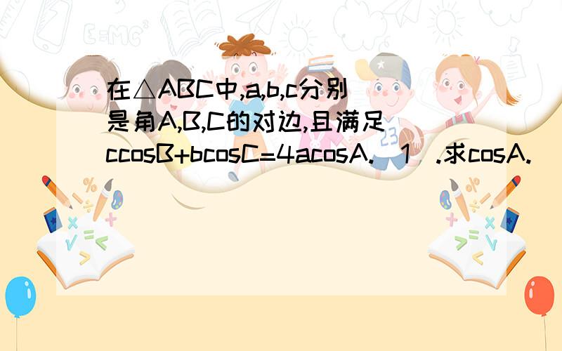 在△ABC中,a,b,c分别是角A,B,C的对边,且满足ccosB+bcosC=4acosA.(1).求cosA.