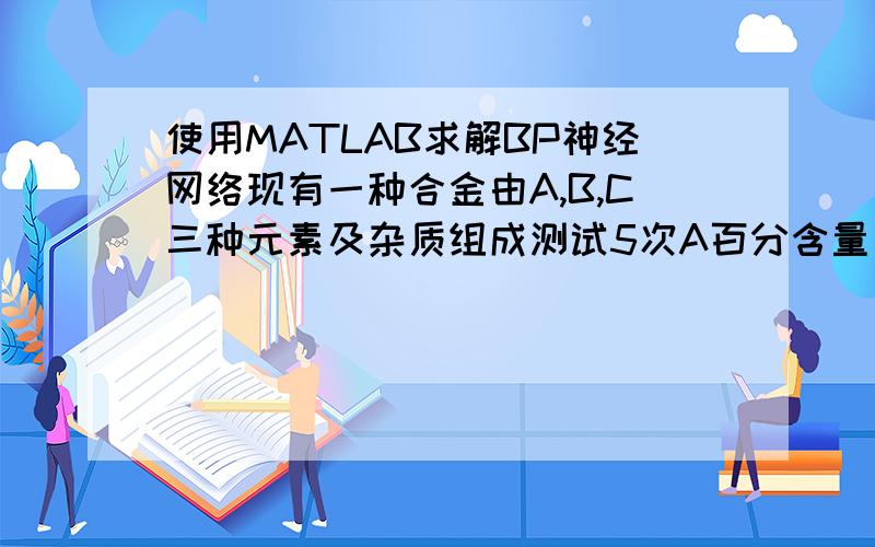 使用MATLAB求解BP神经网络现有一种合金由A,B,C三种元素及杂质组成测试5次A百分含量 [7.1 7.0 6.9 6.8 7.2]B百分含量 [3.2 3.4 3.6 3.8 4.0]C百分含量 [2.5 2.9 3.1 2.6 2.2]硬度[78 65 78 69 72]想用BP神经网络进行