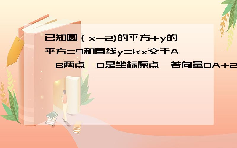 已知圆（x-2)的平方+y的平方=9和直线y=kx交于A、B两点,O是坐标原点,若向量OA+2OB=向量0,则|向量AB｜＝