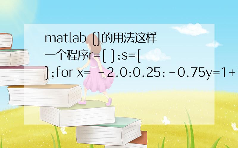 matlab []的用法这样一个程序r=[ ];s=[ ];for x= -2.0:0.25:-0.75y=1+1/x;r=[r x];s=[s y];end[r; s]'运行结果为ans =-2.0000 0.5000-1.7500 0.4286-1.5000 0.3333-1.2500 0.2000-1.0000 0-0.7500 -0.3333我想知道这个程序中[ ]是怎么使用