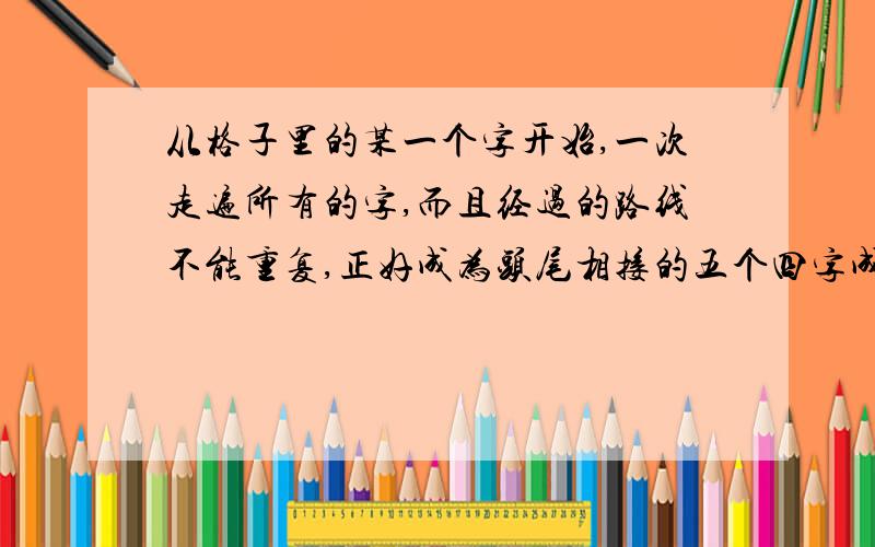 从格子里的某一个字开始,一次走遍所有的字,而且经过的路线不能重复,正好成为头尾相接的五个四字成语.人老下月定胜底捞涯天海人海角人山