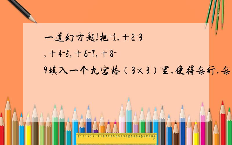 一道幻方题!把－1,＋2－3,＋4－5,＋6－7,＋8－9填入一个九宫格（3×3）里,使得每行,每列,每条对角线上3个数的成乘积都为负数.