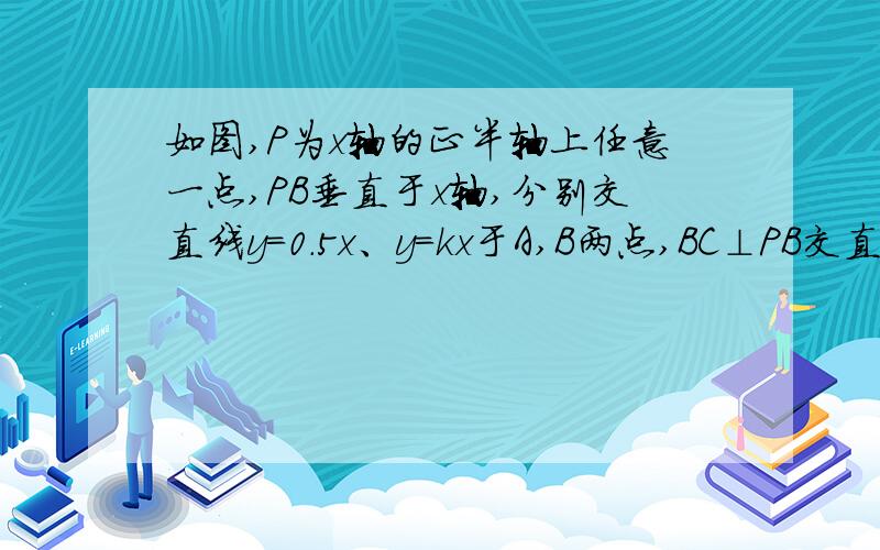 如图,P为x轴的正半轴上任意一点,PB垂直于x轴,分别交直线y=0.5x、y=kx于A,B两点,BC⊥PB交直线y=0.5x于点C,CD⊥BC交直线y=kx于点D.（1）求线段PA与PB的比值（用含k的代数式表示）. （2）如果点D在函数y