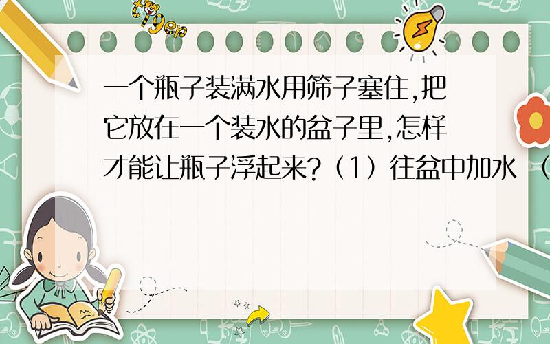 一个瓶子装满水用筛子塞住,把它放在一个装水的盆子里,怎样才能让瓶子浮起来?（1）往盆中加水 （2）往盆中加煤油 （3）往盆中加盐 （4）不确定