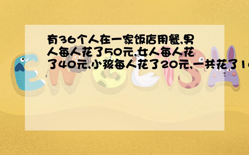 有36个人在一家饭店用餐,男人每人花了50元,女人每人花了40元,小孩每人花了20元,一共花了1600元.用C#用C#编写一个程序,求出男人、女人、小孩各多少人.