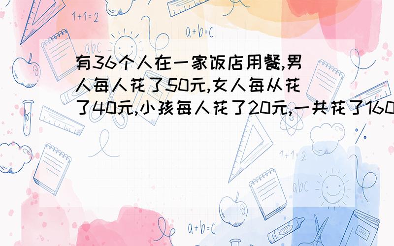 有36个人在一家饭店用餐,男人每人花了50元,女人每从花了40元,小孩每人花了20元,一共花了1600元.用C#编写一个程序,求出男人、女人、小孩各多少人.