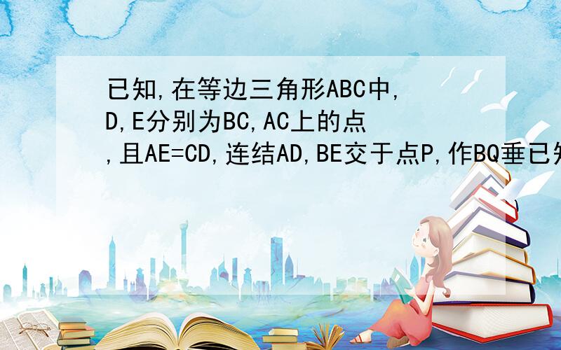 已知,在等边三角形ABC中,D,E分别为BC,AC上的点,且AE=CD,连结AD,BE交于点P,作BQ垂已知,在等边三角形ABC中,D,E分别为BC,AC上的点,且AE=CD,连结AD,BE交于点P,作BQ垂组为Q,求证BP=2PQ没图,各位就自己画一下吧