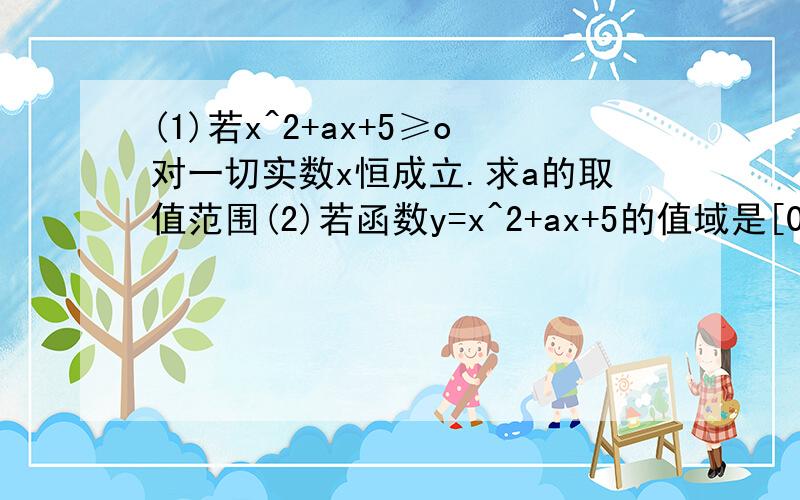 (1)若x^2+ax+5≥o对一切实数x恒成立.求a的取值范围(2)若函数y=x^2+ax+5的值域是[0.+∞),求a的取值范围(1)若x^2+ax+5≥o对一切实数x恒成立.求a的取值范围（2）若函数y=x^2+ax+5的值域是〔0.+∞）,求a的取