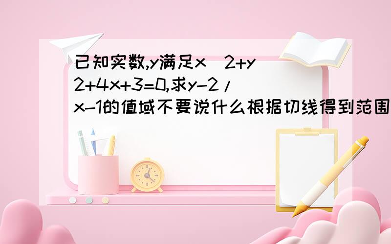 已知实数,y满足x^2+y^2+4x+3=0,求y-2/x-1的值域不要说什么根据切线得到范围,要有确切的数字实数x,y