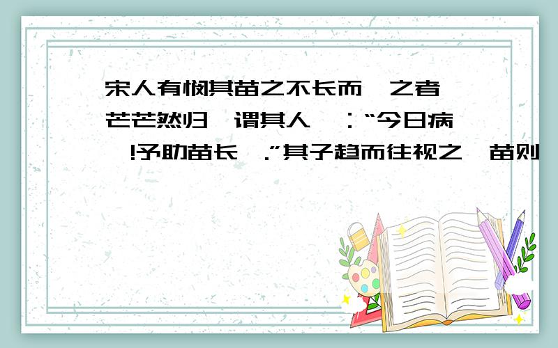 宋人有悯其苗之不长而揠之者,芒芒然归,谓其人曰：“今日病矣!予助苗长矣.”其子趋而往视之,苗则槁矣.天下之不助苗长者寡矣,以为无益而舍之者,不耘苗者也；助之长者,揠苗者也.非徒无益